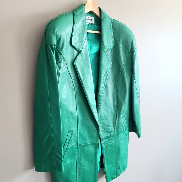 Vintage 1980s 1990s Bagatelle Margaret Godfrey bright green leather jacket. - Picture 2 of 11